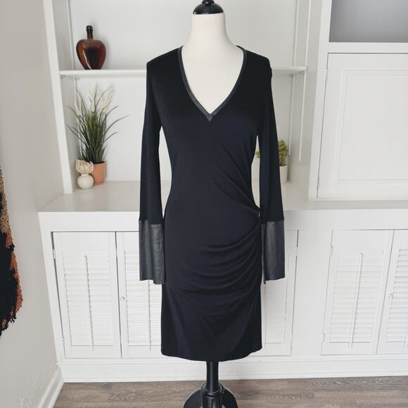 Joseph Black Wool Leather Sleeve Ruched V-Neck Muriel Midi Dress Size 10 - Picture 1 of 10